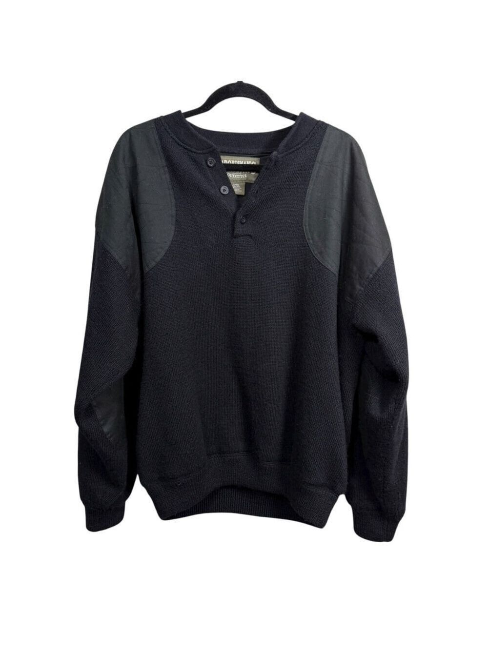 Sportsman's Warehouse Wool Henley Sweater Large‎ Black Elbow Shoulder Patches